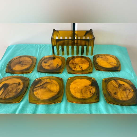 Vintage Amber Smoke Acrylic Yellow Rafia Coaster Set of 8 - Picture 6 of 7